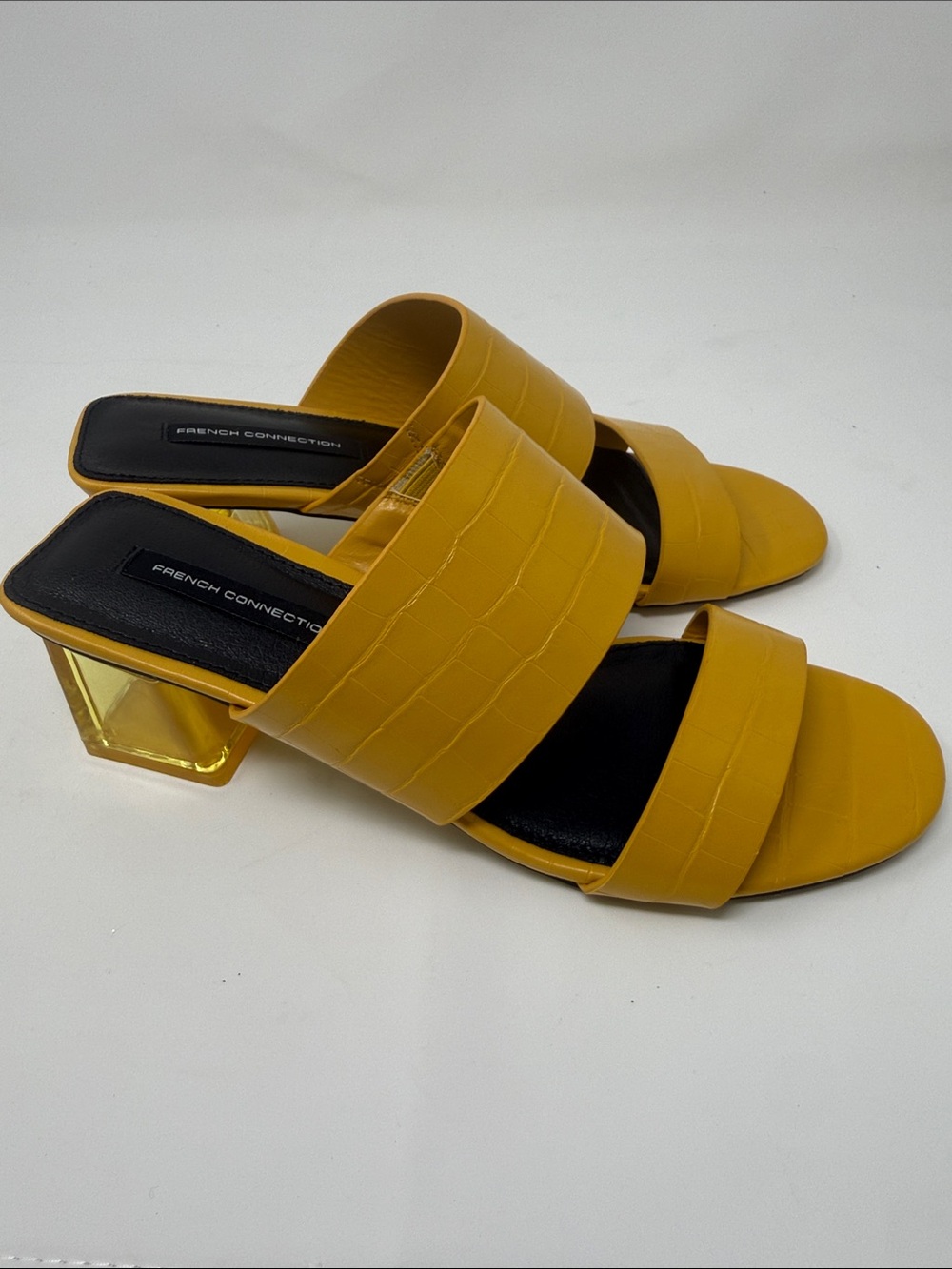 French Connection Mustard Croc-Embossed Slides with Clear Block Heel